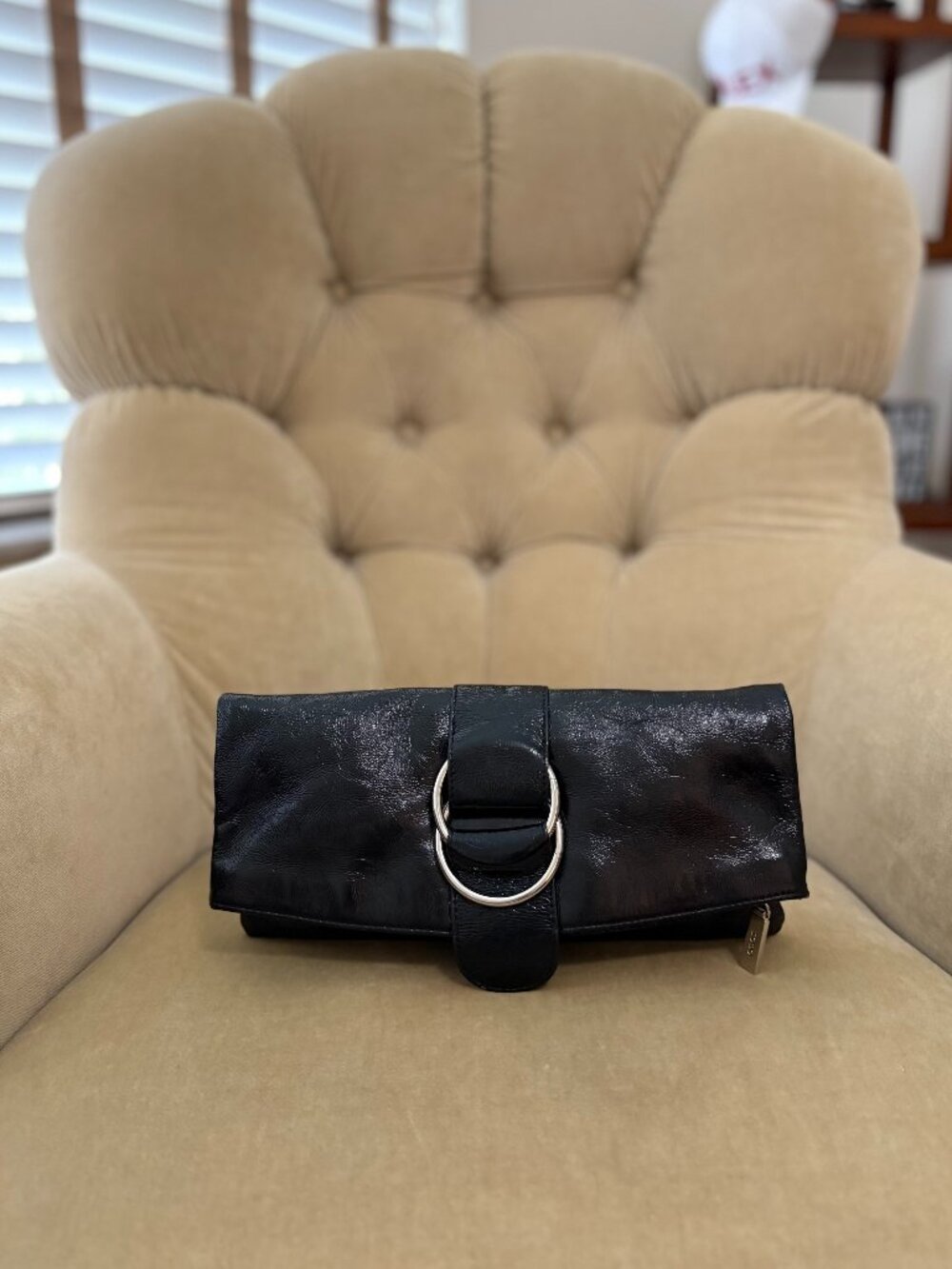 Auth. HOBO INTERNATIONAL Iconic Madeline Foldover Patent Leather Clutch Bag